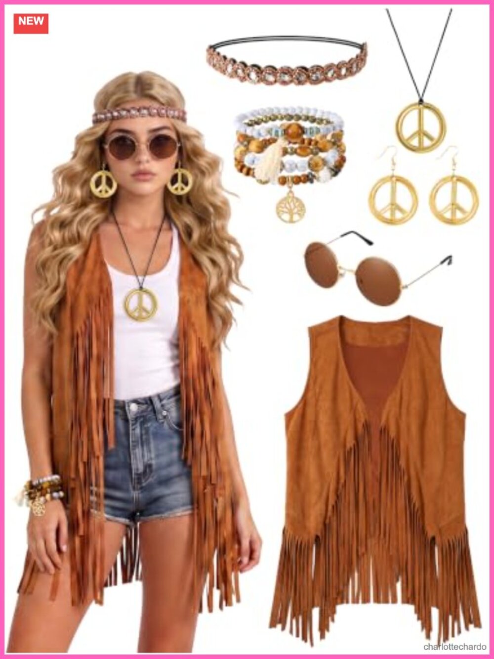 6-Piece Hippie Costume Set Fringe Vest Boho Accessories Women M